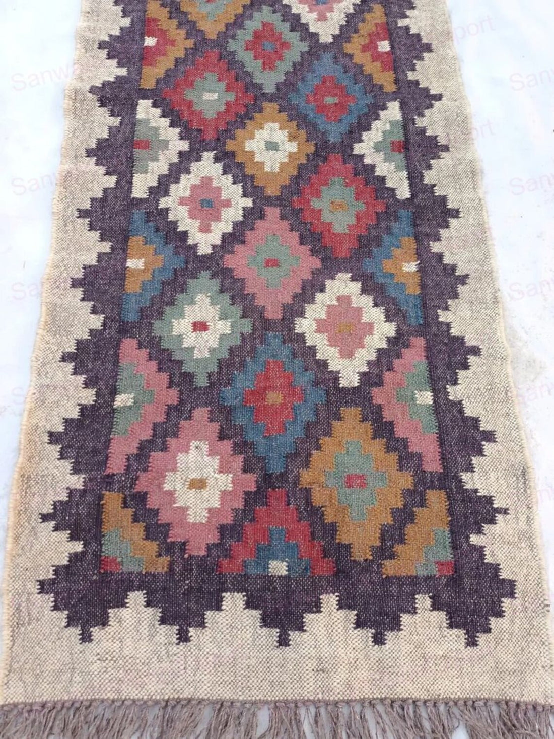 Handwoven Wool Jute Kilim Runner Oriental Geometric Rug