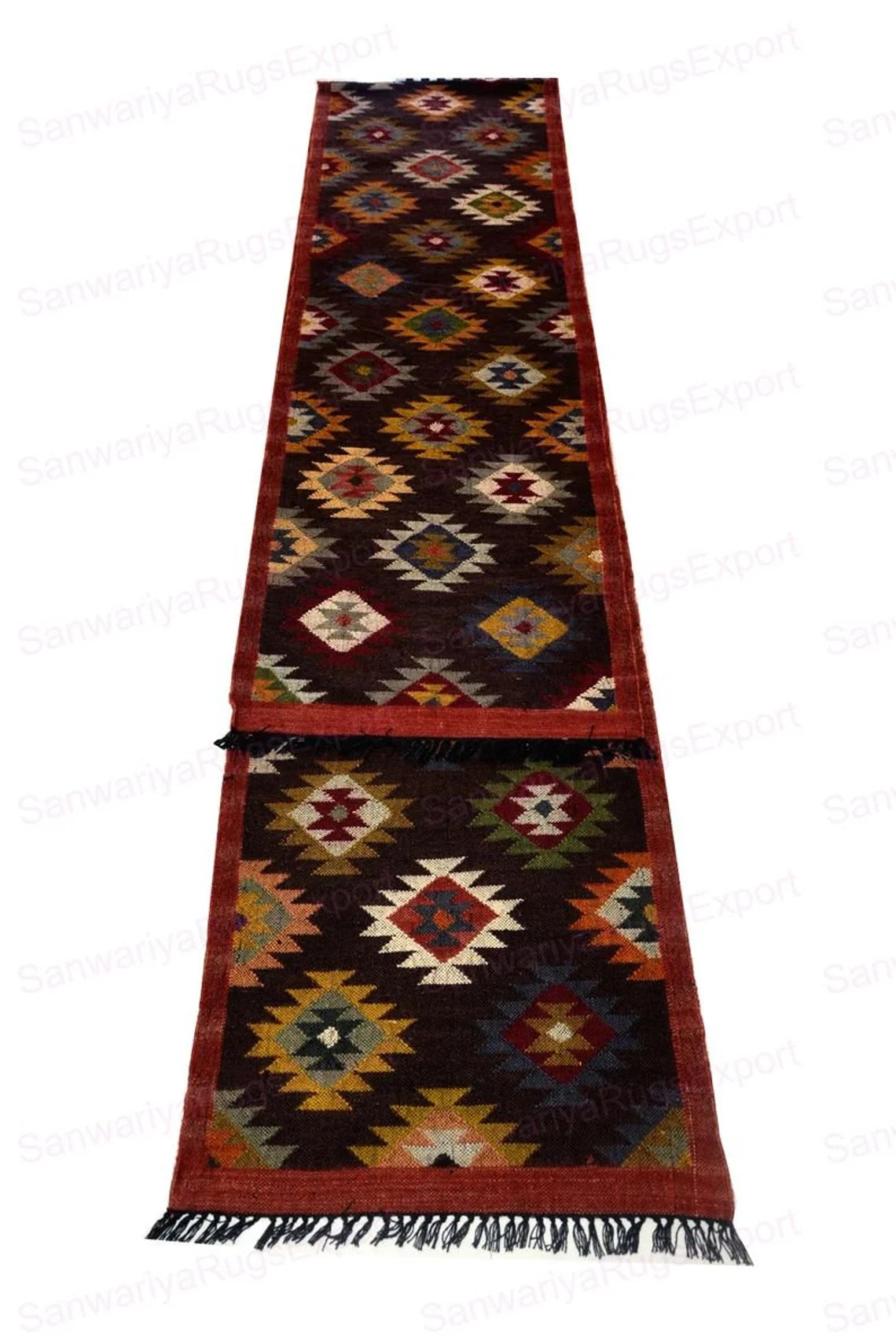 Kilim Wool Jute Runner Rug with Classic Geometric Pattern Weave for Hallways and Living Spaces