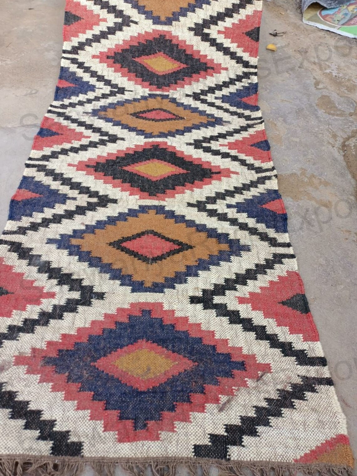Handwoven Embroidered Wool Jute Kilim Runner with Tribal Red Geometric Motifs