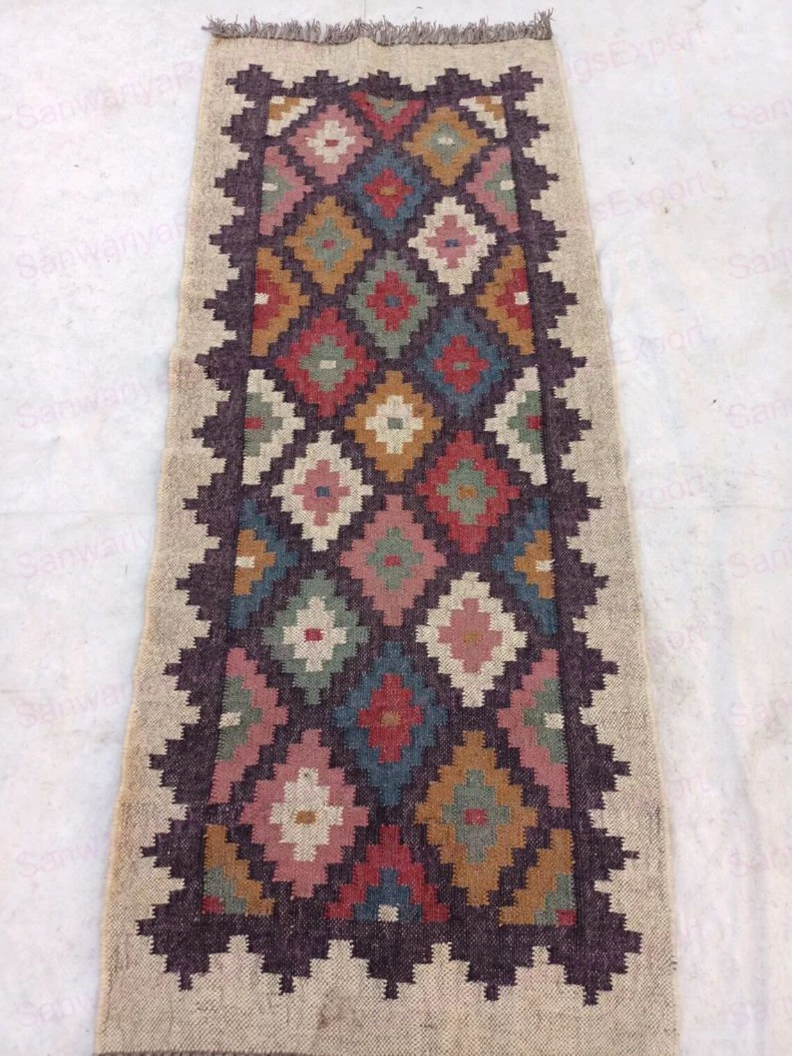 Handwoven Wool Jute Kilim Runner Oriental Geometric Rug