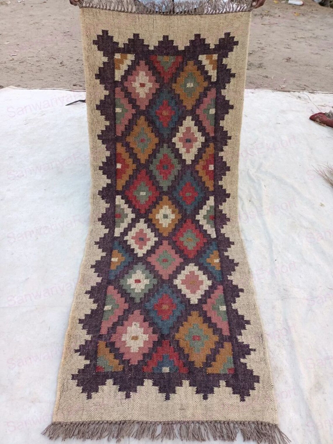 Handwoven Wool Jute Kilim Runner Oriental Geometric Rug