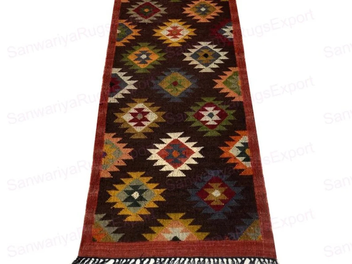 Kilim Wool Jute Runner Rug with Classic Geometric Pattern Weave for Hallways and Living Spaces