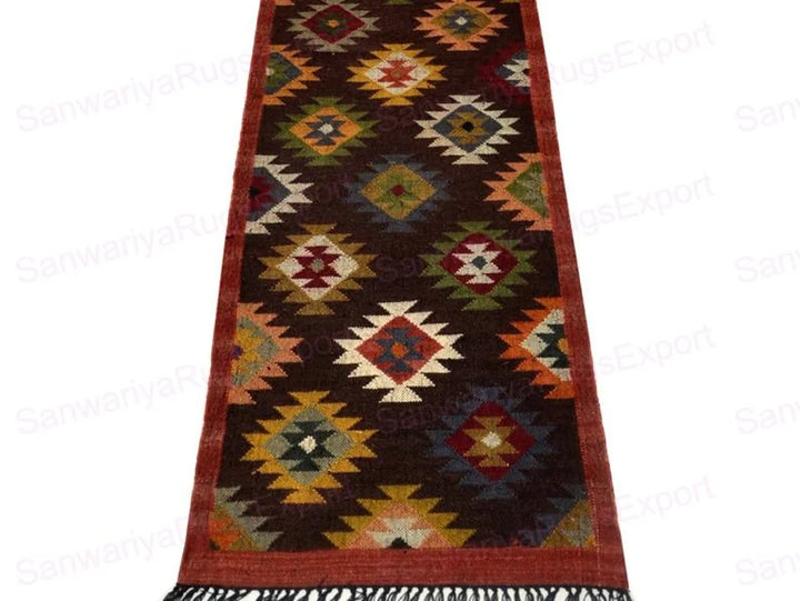 Kilim Wool Jute Runner Rug with Classic Geometric Pattern Weave for Hallways and Living Spaces
