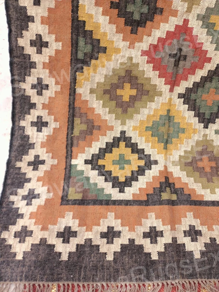 Handwoven Wool Jute Kilim Rug | Traditional Flatweave Indian Dhurrie