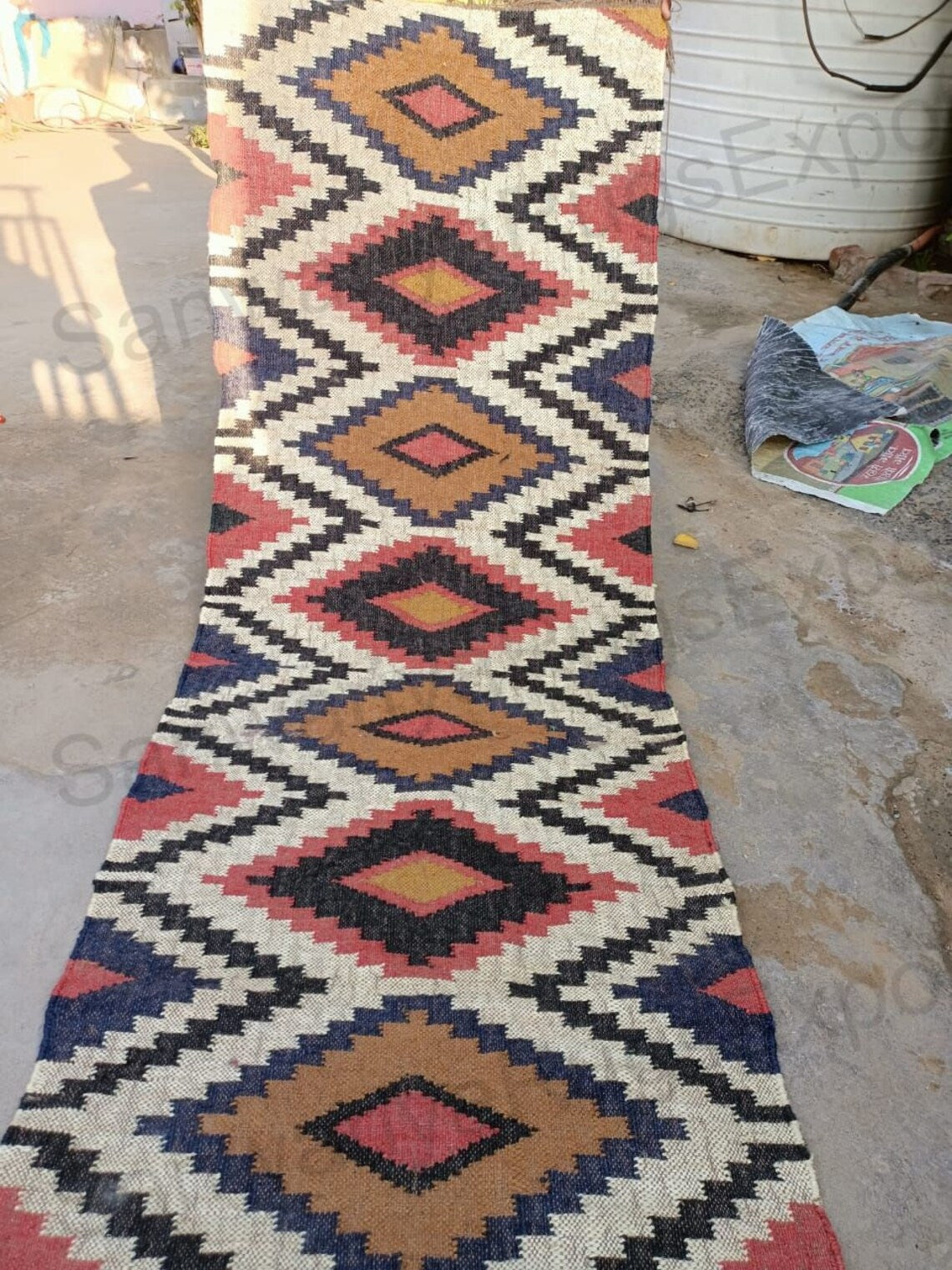 Handwoven Embroidered Wool Jute Kilim Runner with Tribal Red Geometric Motifs