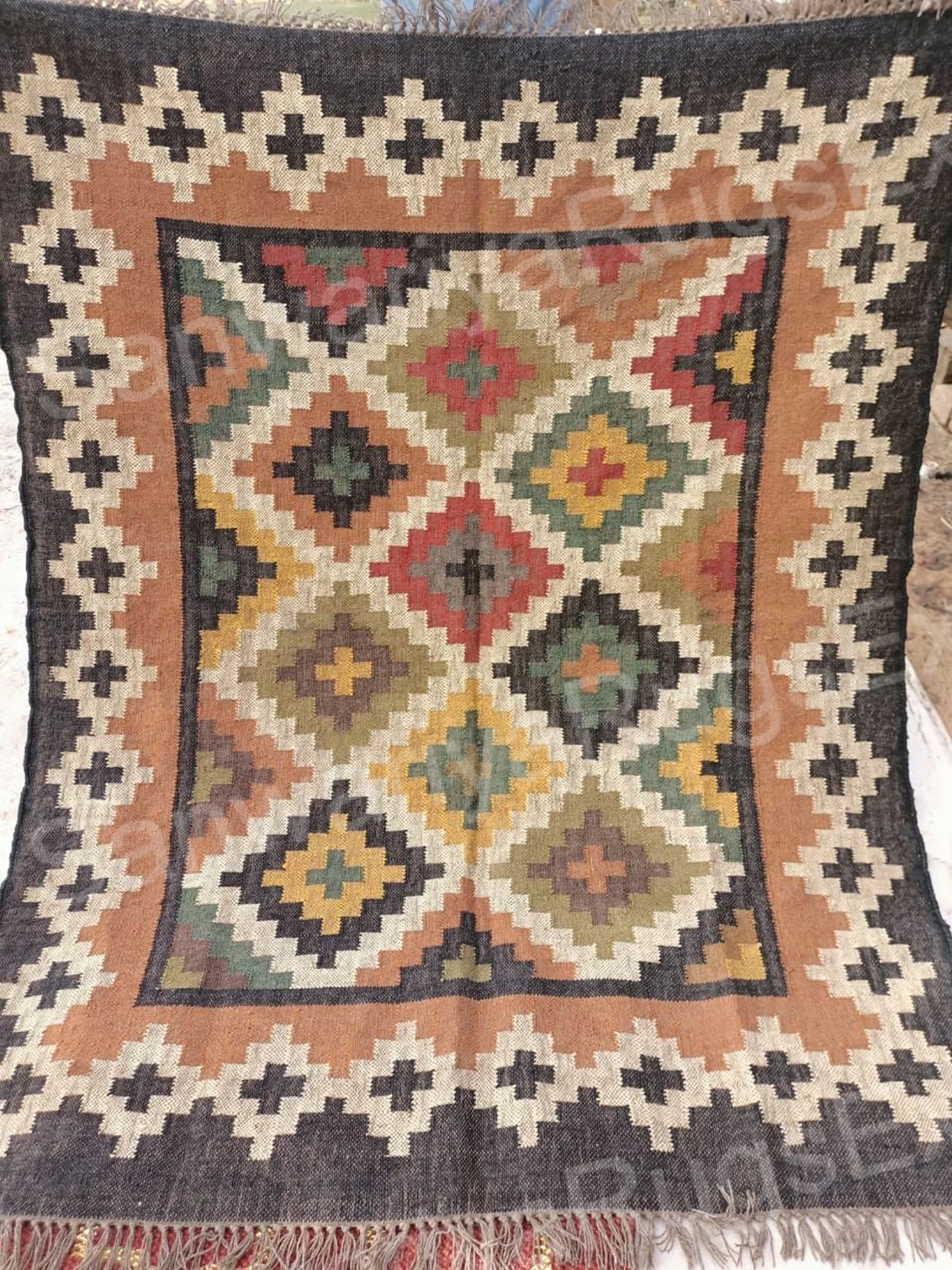 Handwoven Wool Jute Kilim Rug | Traditional Flatweave Indian Dhurrie