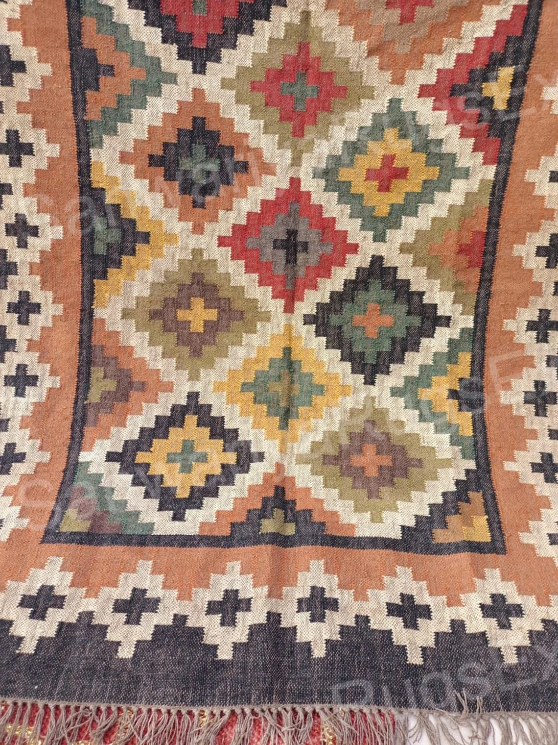 Handwoven Wool Jute Kilim Rug | Traditional Flatweave Indian Dhurrie