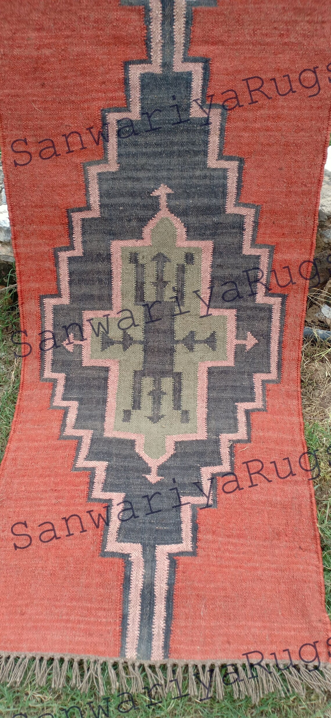 Handwoven Red Wool Jute Kilim Runner Rug with Traditional Geometric Motifs
