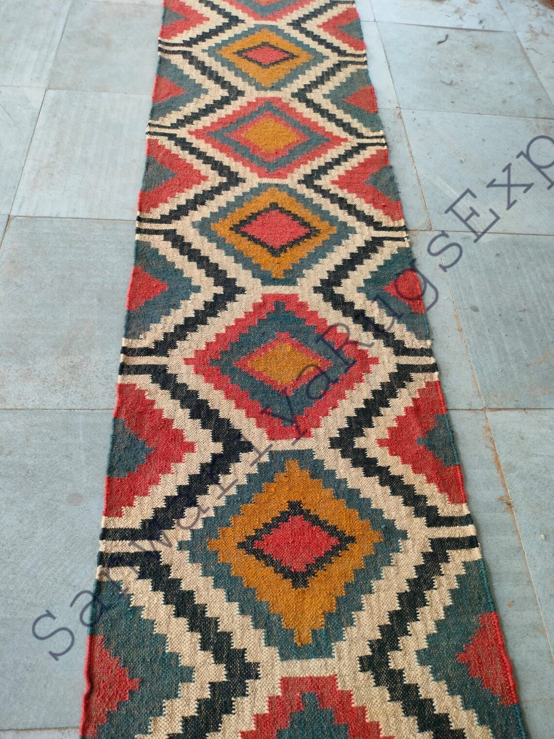 Handwoven Wool–Jute Kilim Runner with Braided Tribal Geometric Weave