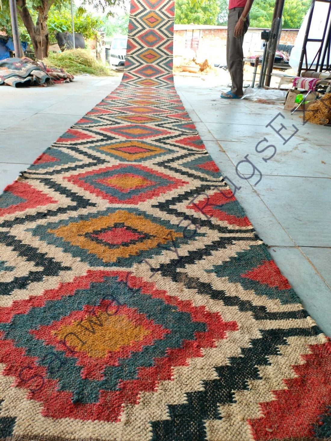 Handwoven Wool–Jute Kilim Runner with Braided Tribal Geometric Weave