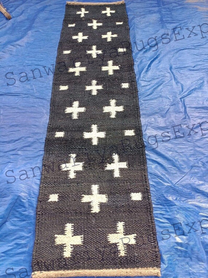 Handmade Black & White Jute Runner Rug