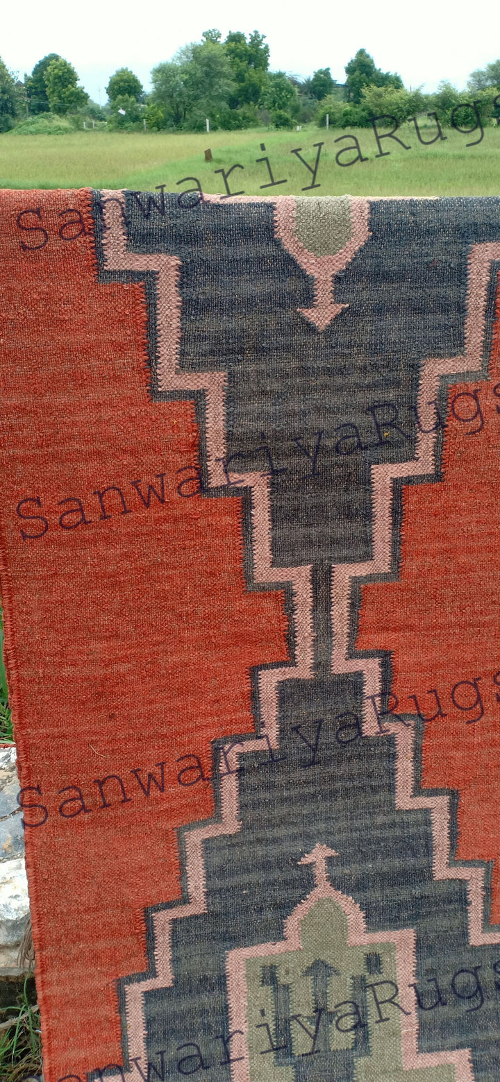 Handwoven Red Wool Jute Kilim Runner Rug with Traditional Geometric Motifs