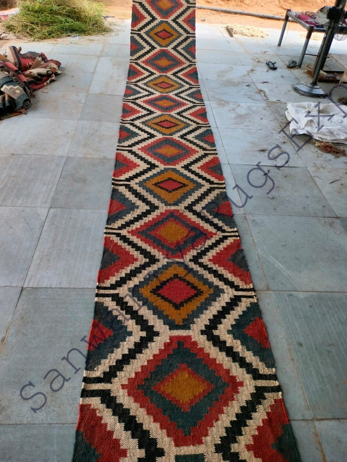 Handwoven Wool–Jute Kilim Runner with Braided Tribal Geometric Weave