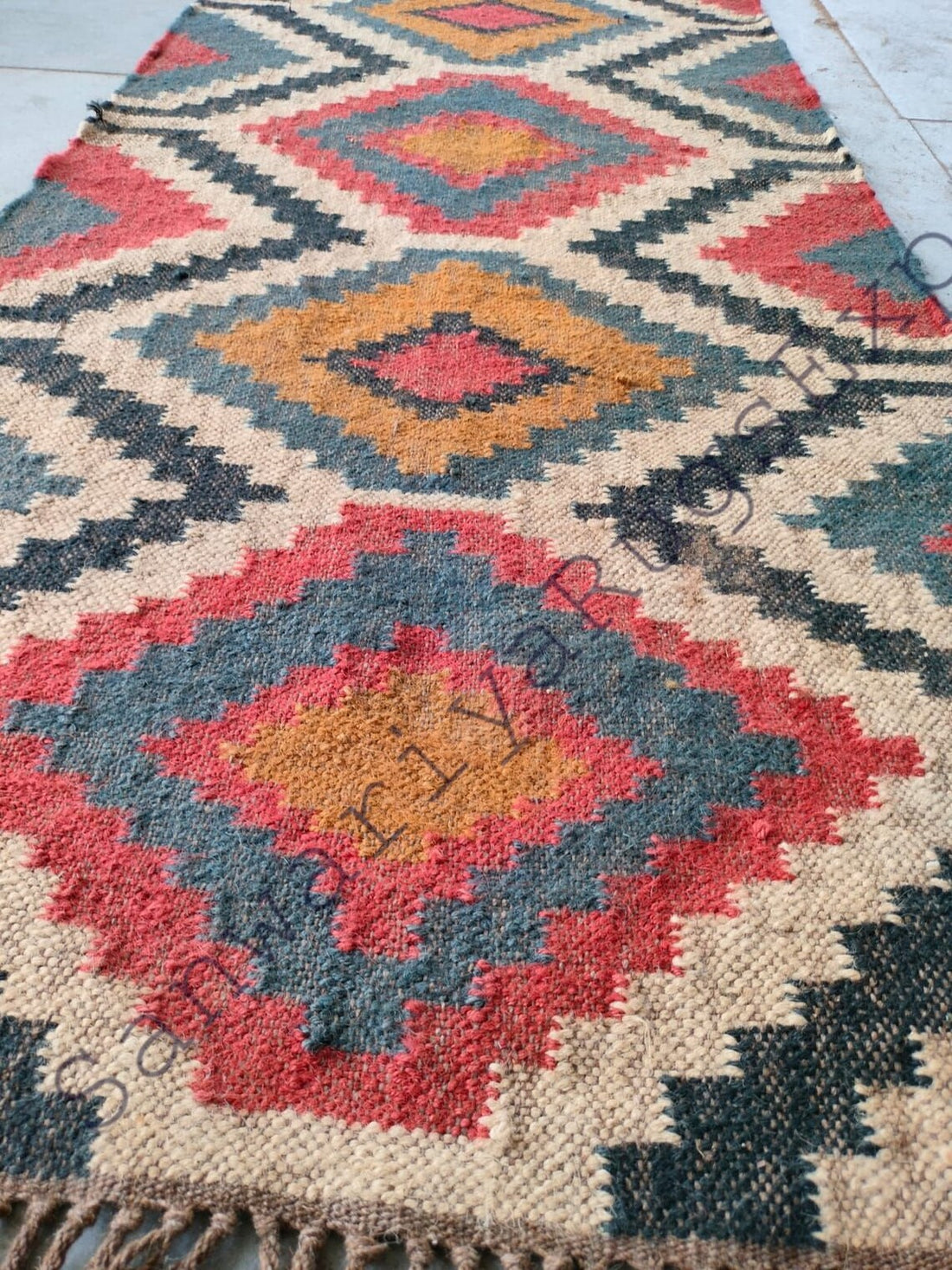 Handwoven Wool–Jute Kilim Runner with Braided Tribal Geometric Weave