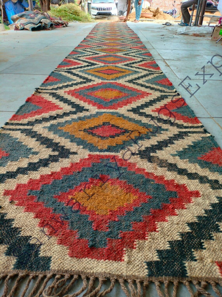 Handwoven Wool–Jute Kilim Runner with Braided Tribal Geometric Weave