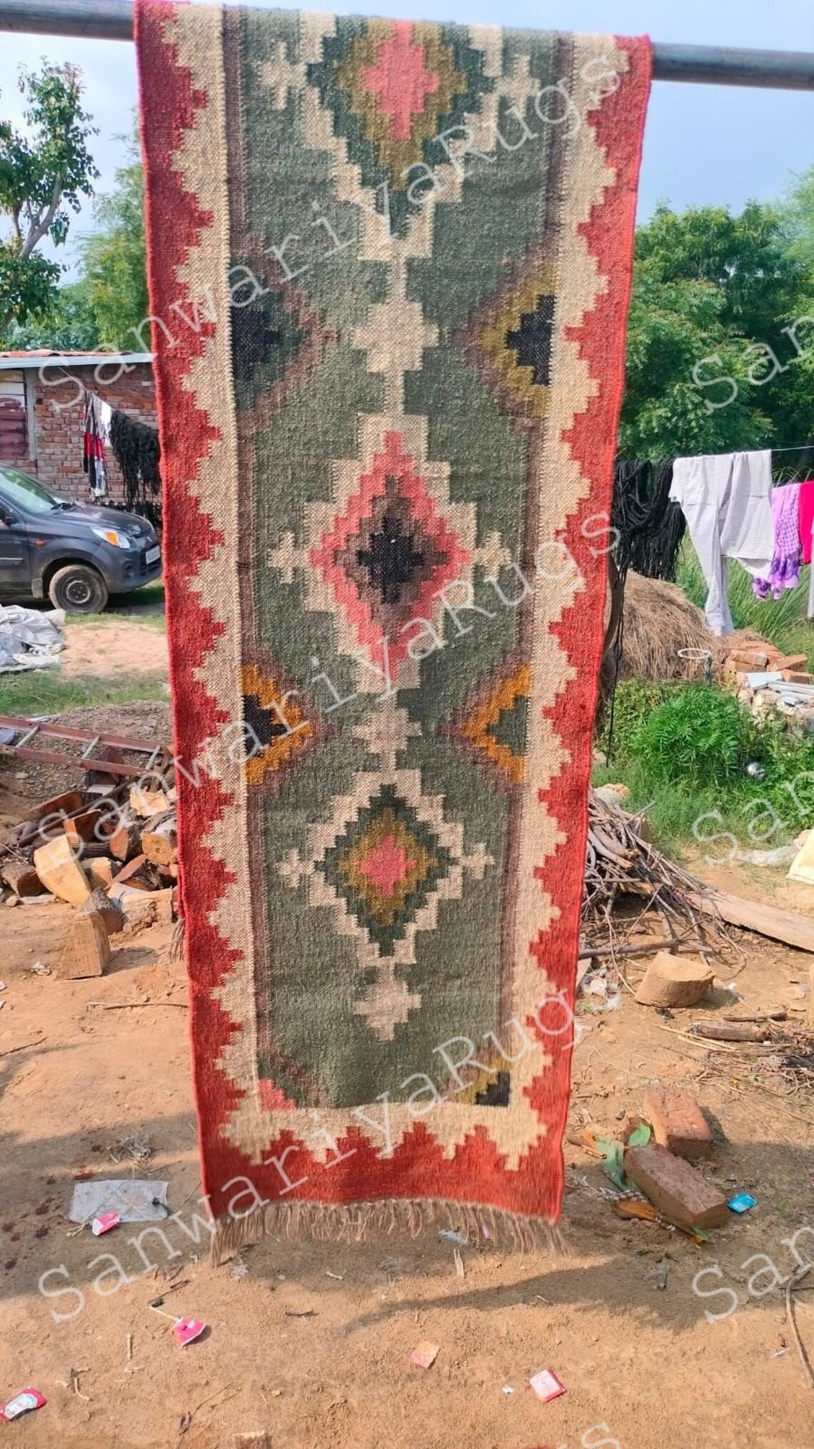 Handwoven Wool Jute Kilim Rug Bohemian Flatweave Dhurrie