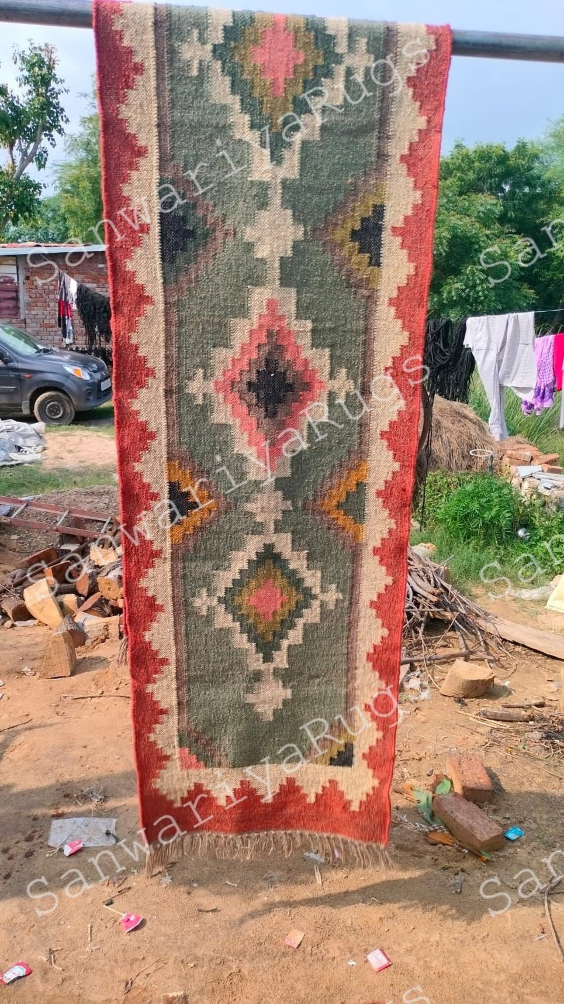 Handwoven Wool Jute Kilim Rug Bohemian Flatweave Dhurrie