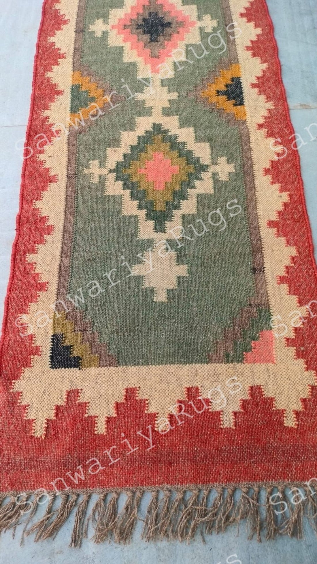 Handwoven Wool Jute Kilim Rug Bohemian Flatweave Dhurrie