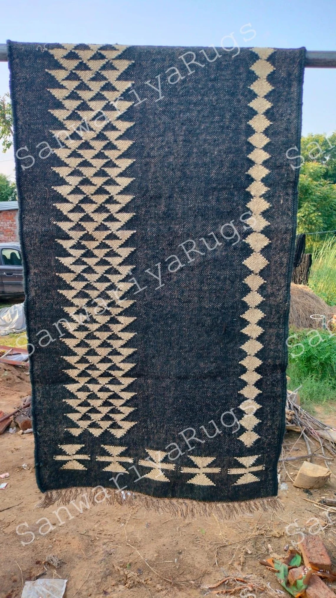 Handwoven Wool Jute Kilim Rug Bohemian Oriental Dhurrie