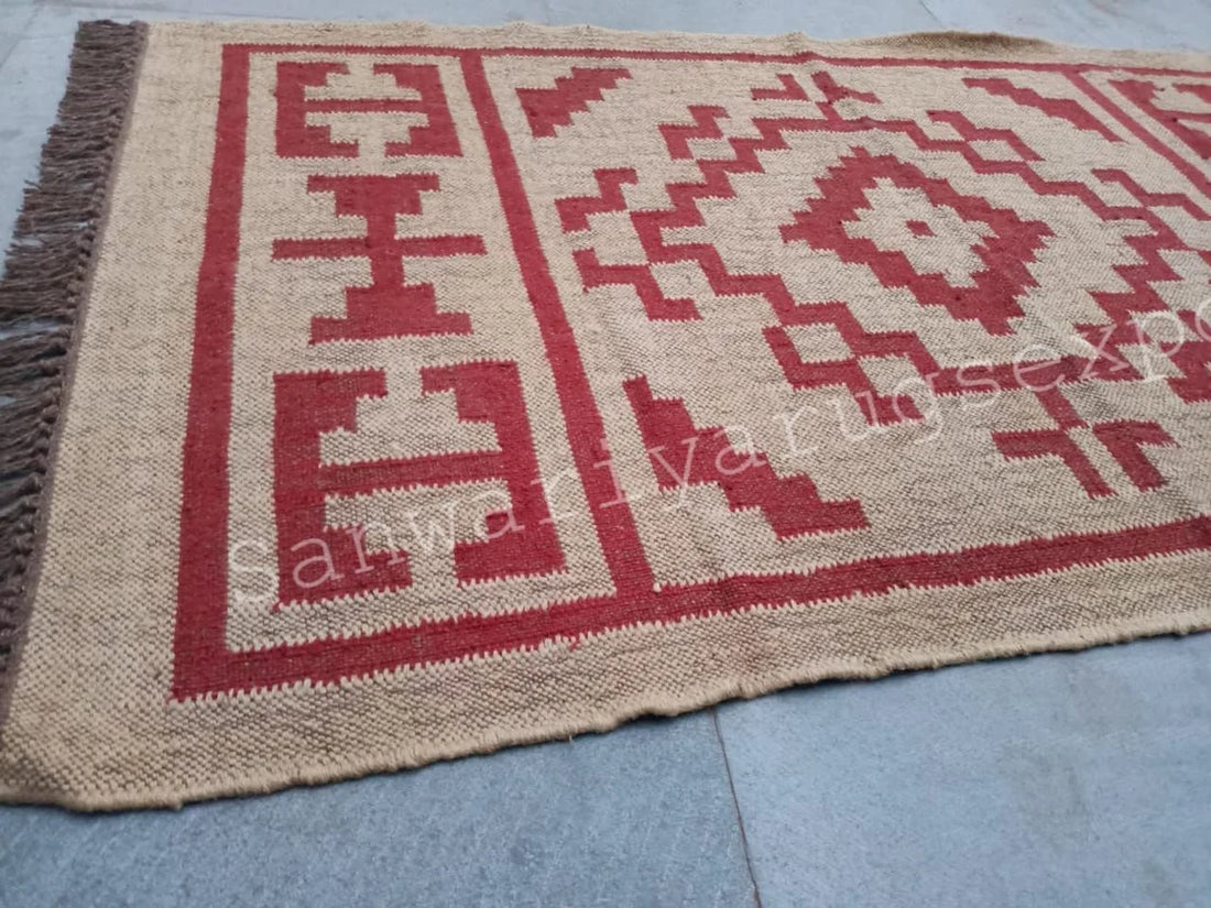 Handwoven Wool Jute Kilim Runner Rug with Classic Oriental Geometric Patterns