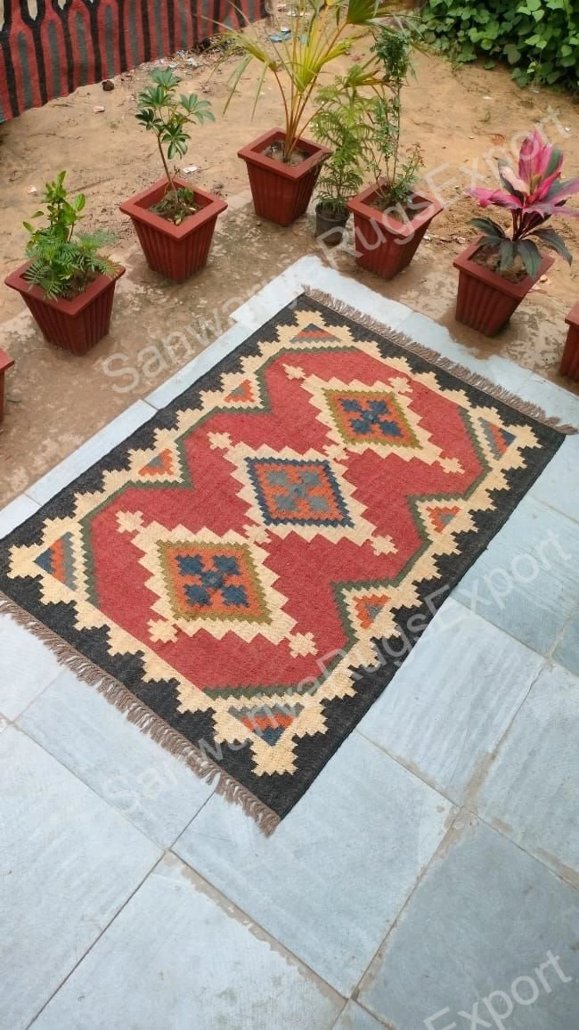 Jute Rug Handmade Large Area Rug – Black & Natural Cross Star Pattern