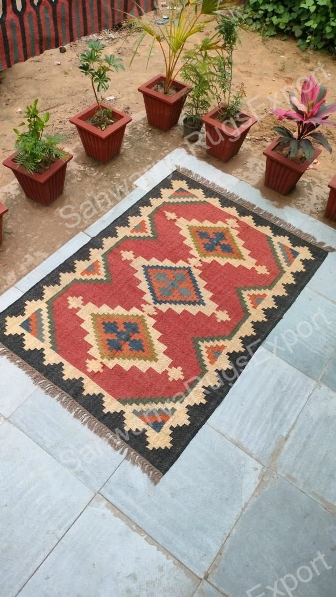 Jute Rug Handmade Large Area Rug – Black & Natural Cross Star Pattern