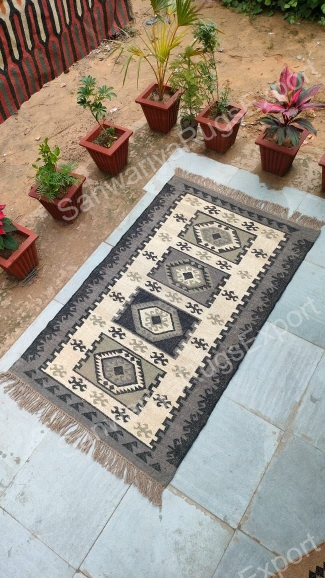 Handwoven Wool Jute Kilim Rug | Geometric Flatweave Carpet | Boho Wool Area Rug