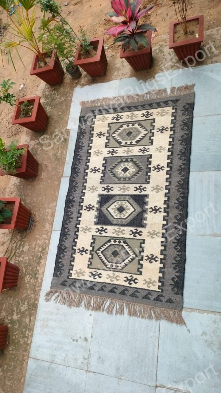 Handwoven Wool Jute Kilim Rug | Geometric Flatweave Carpet | Boho Wool Area Rug