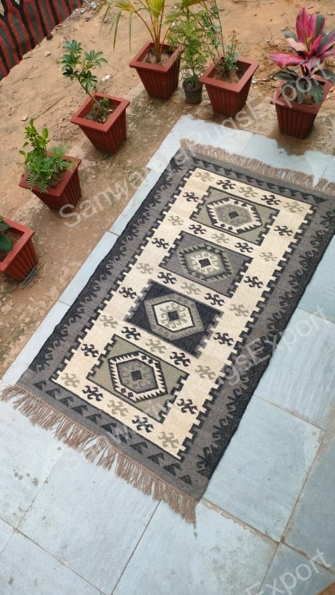 Handwoven Wool Jute Kilim Rug | Geometric Flatweave Carpet | Boho Wool Area Rug