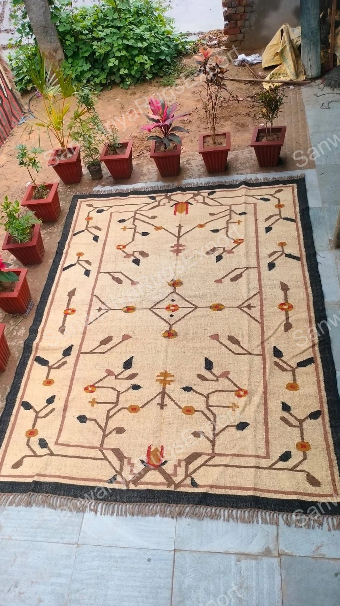 Large Handwoven Wool and Jute Kilim Rug – Traditional Geometric Flatweave Dhurrie