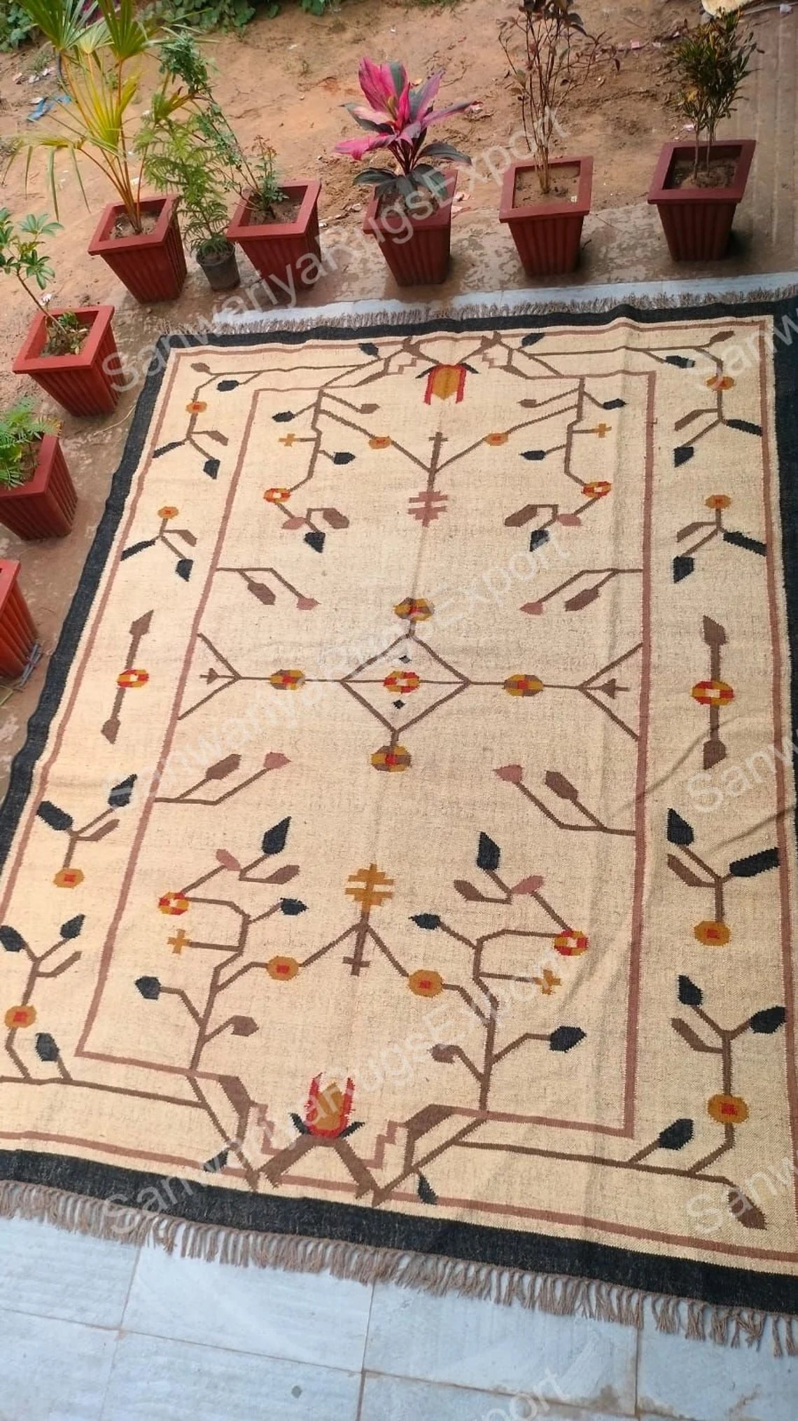 Large Handwoven Wool and Jute Kilim Rug – Traditional Geometric Flatweave Dhurrie