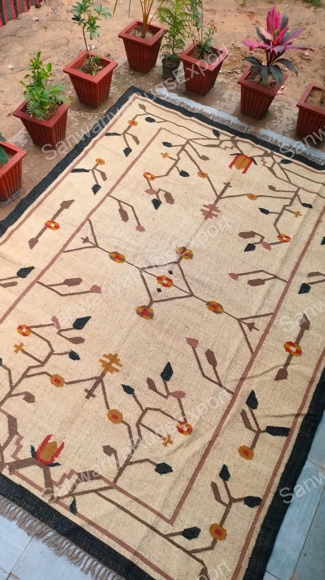 Large Handwoven Wool and Jute Kilim Rug – Traditional Geometric Flatweave Dhurrie