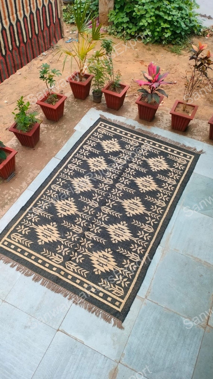 Black Bohemian Wool Jute Rug