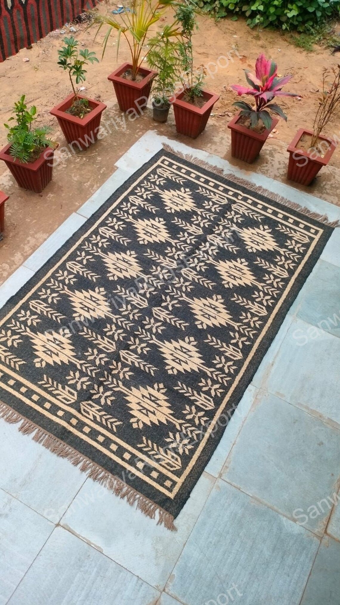 Handwoven Wool Jute Rug | Black Bohemian Kilim | Flatweave Area Carpet
