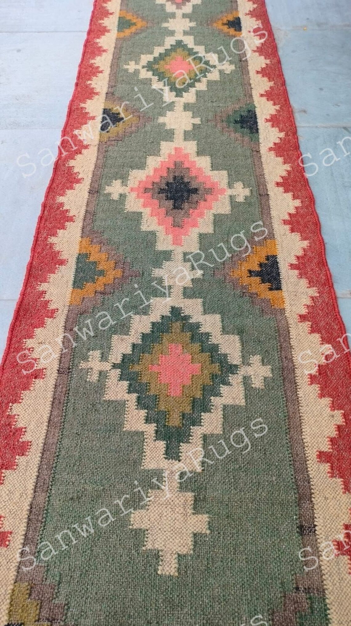 Handwoven Wool Jute Kilim Rug Bohemian Flatweave Dhurrie