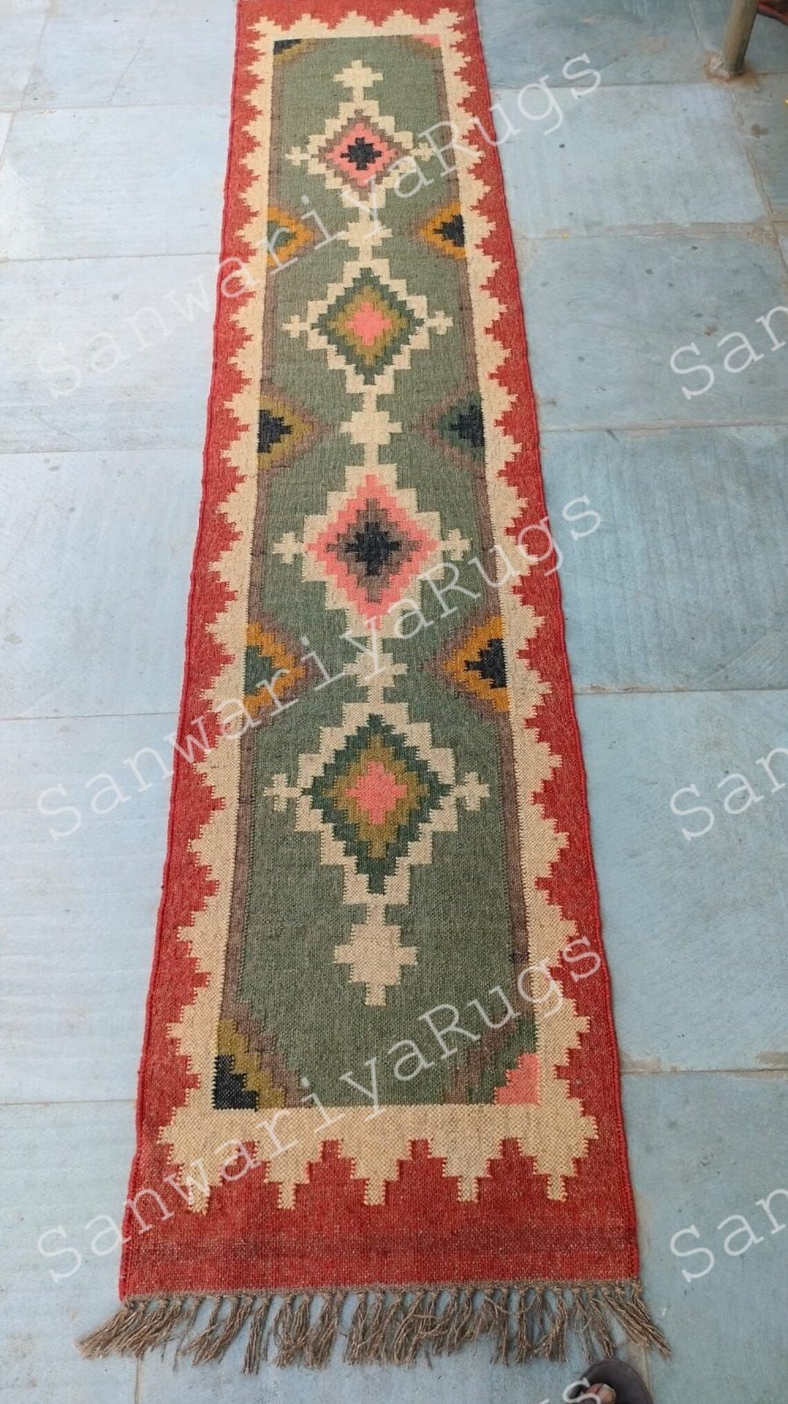 Handwoven Wool Jute Kilim Rug Bohemian Flatweave Dhurrie