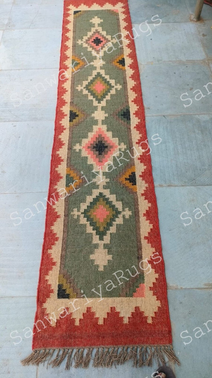Handwoven Wool Jute Kilim Rug Bohemian Flatweave Dhurrie