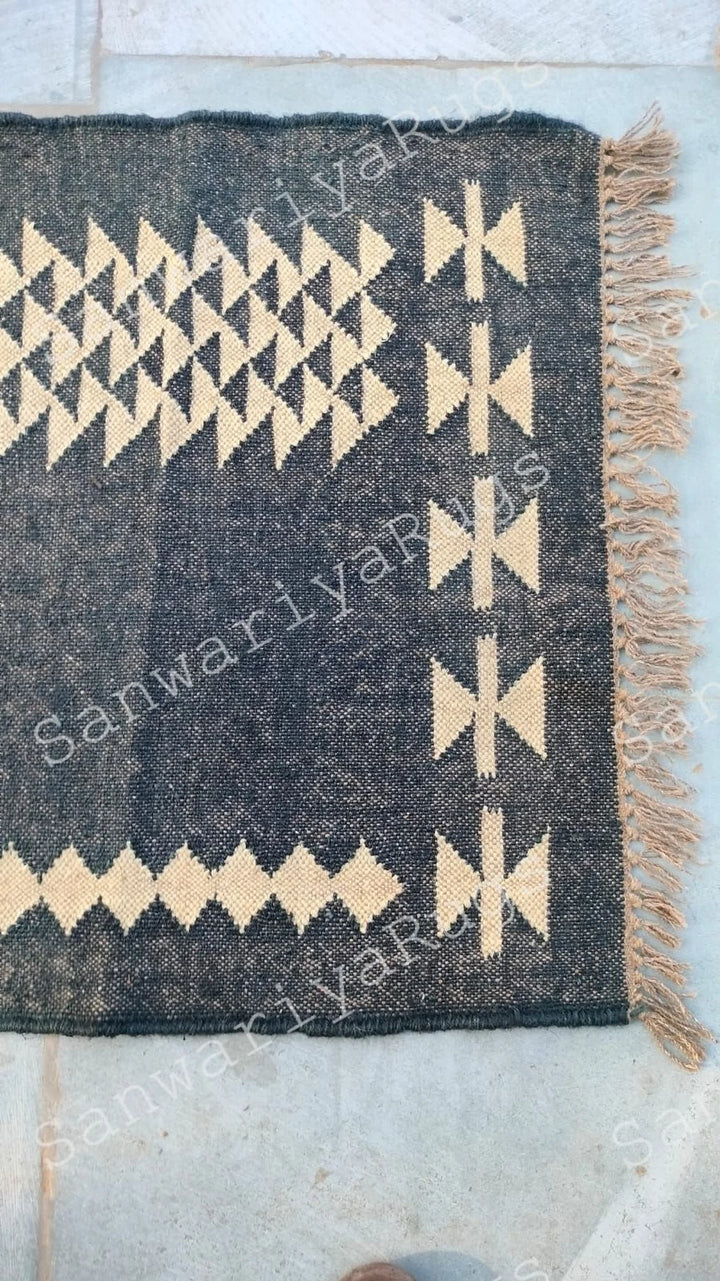 Handwoven Wool Jute Kilim Rug Bohemian Oriental Dhurrie