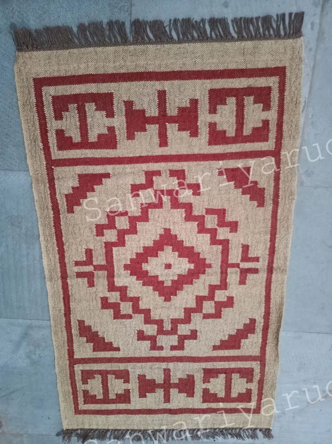 Handwoven Wool Jute Kilim Runner Rug with Classic Oriental Geometric Patterns