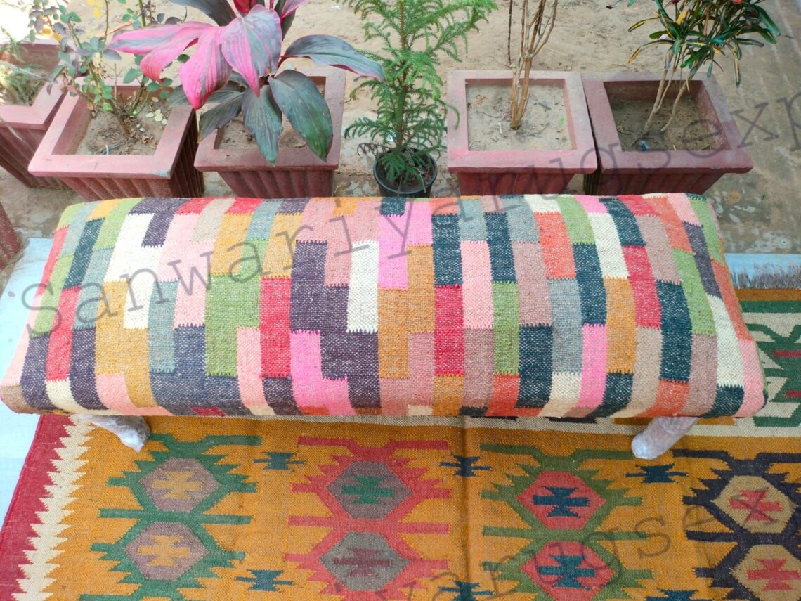 Kilim Bench Wooden Work Bench – Handmade Ottoman Seat