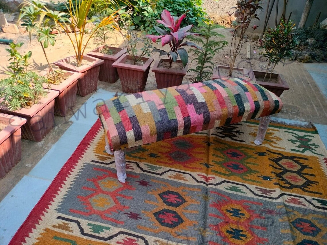 Kilim Bench Wooden Work Bench – Handmade Ottoman Seat