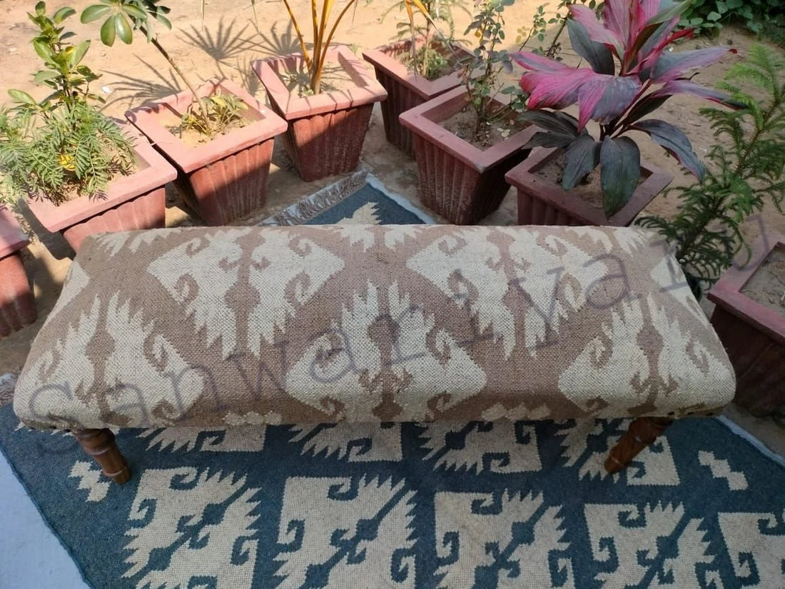 Handmade Kilim Bench – Wool & Jute Rug Upholstered Ottoman