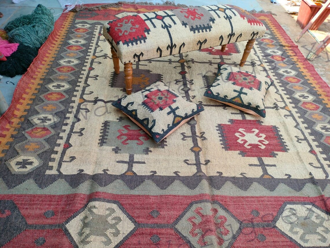 Kilim Bench Wooden Work Bench – Handmade Ottoman Seat