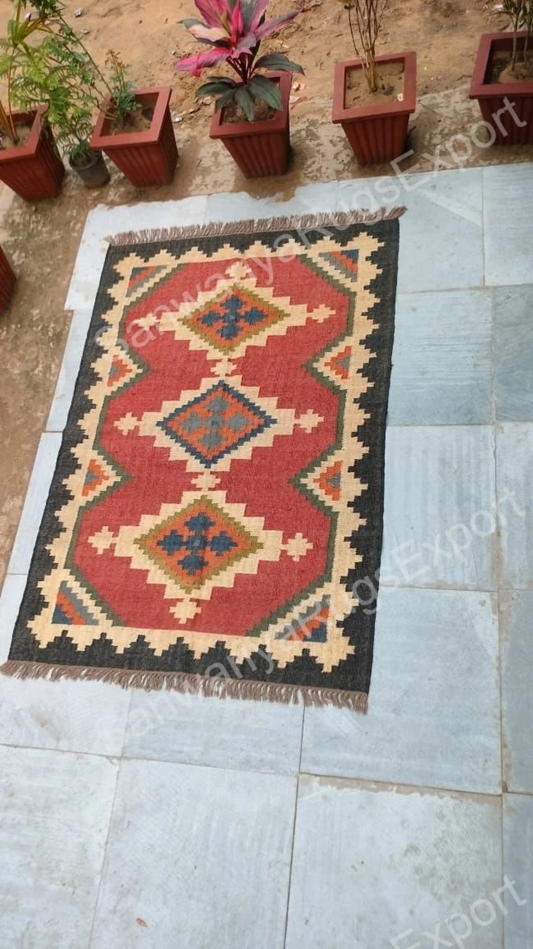 Jute Rug Handmade Large Area Rug – Black & Natural Cross Star Pattern