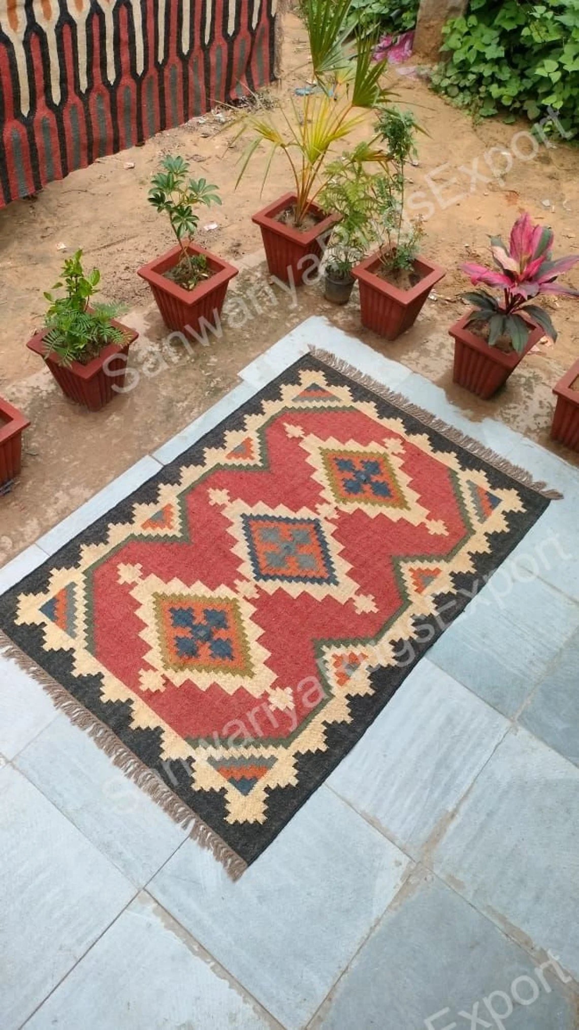 Jute Rug Handmade Large Area Rug – Black & Natural Cross Star Pattern