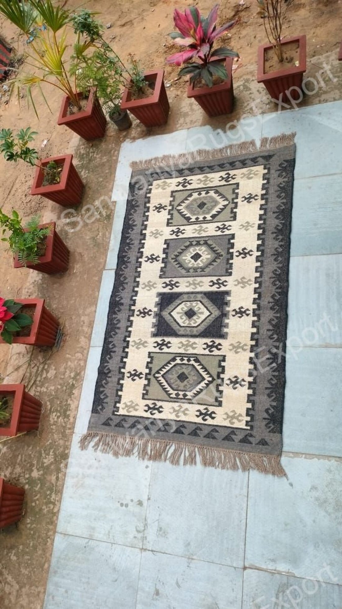 Handwoven Wool Jute Kilim Rug | Geometric Flatweave Carpet | Boho Wool Area Rug