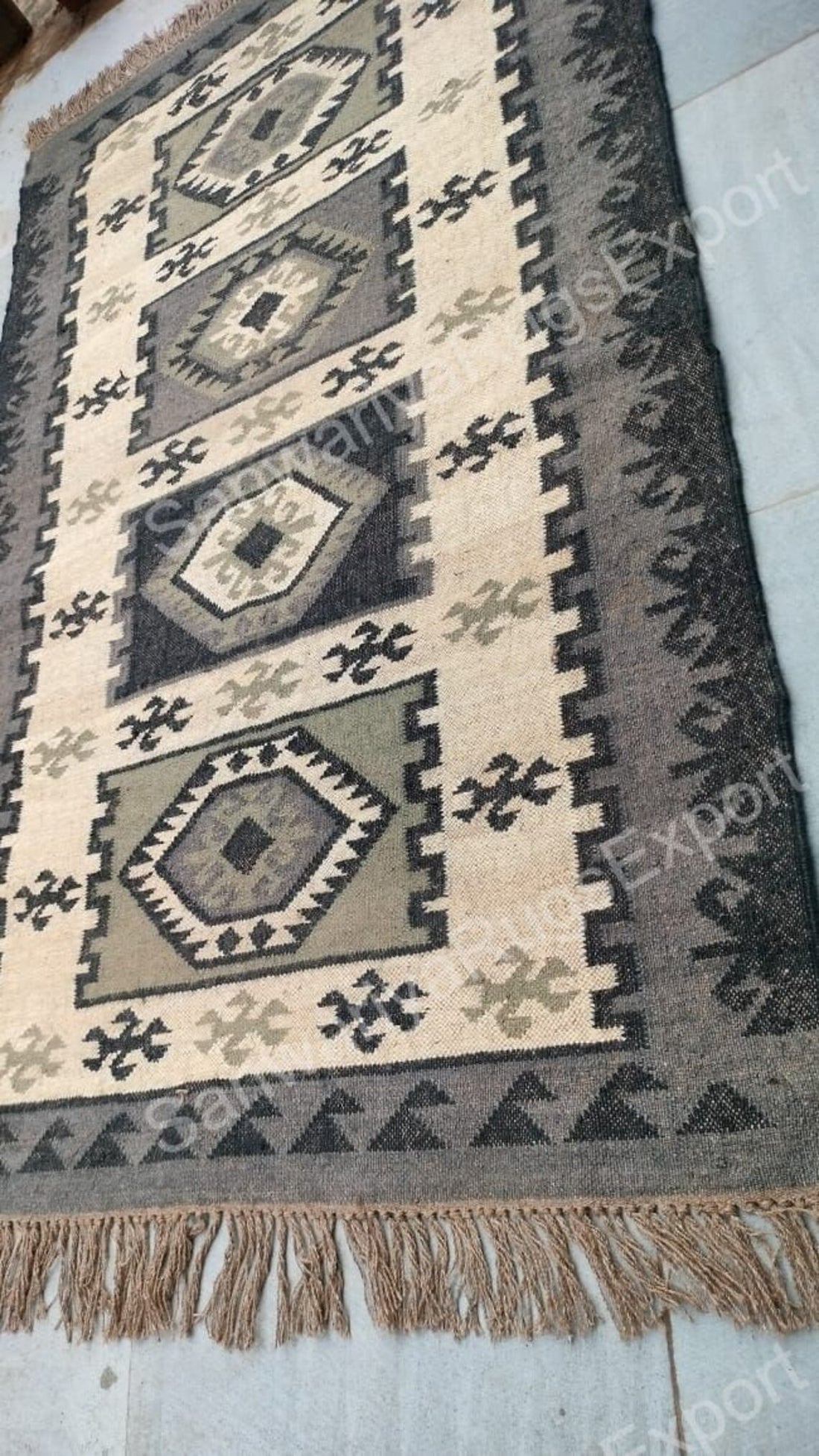 Handwoven Wool Jute Kilim Rug | Geometric Flatweave Carpet | Boho Wool Area Rug