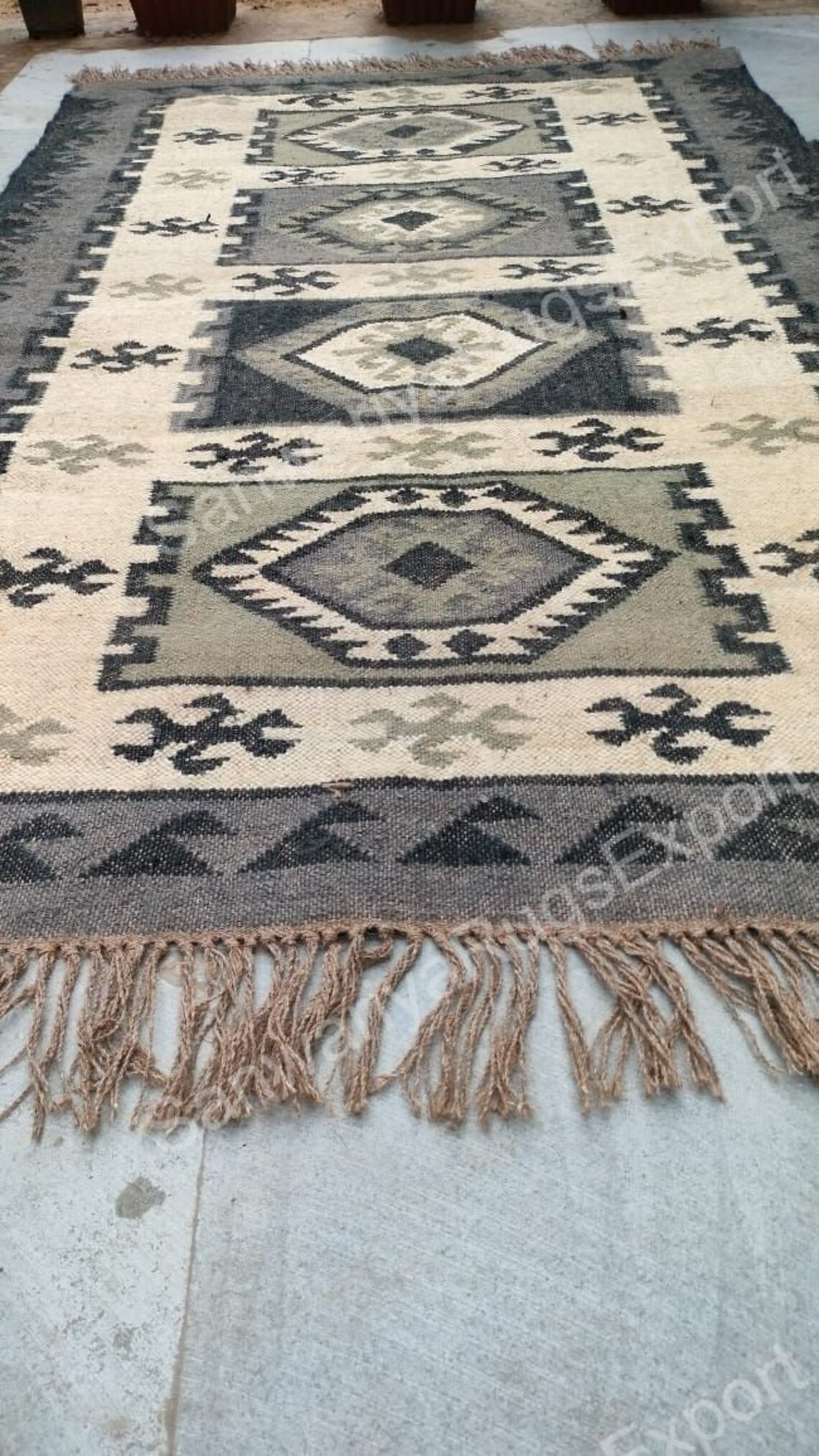 Handwoven Wool Jute Kilim Rug | Geometric Flatweave Carpet | Boho Wool Area Rug