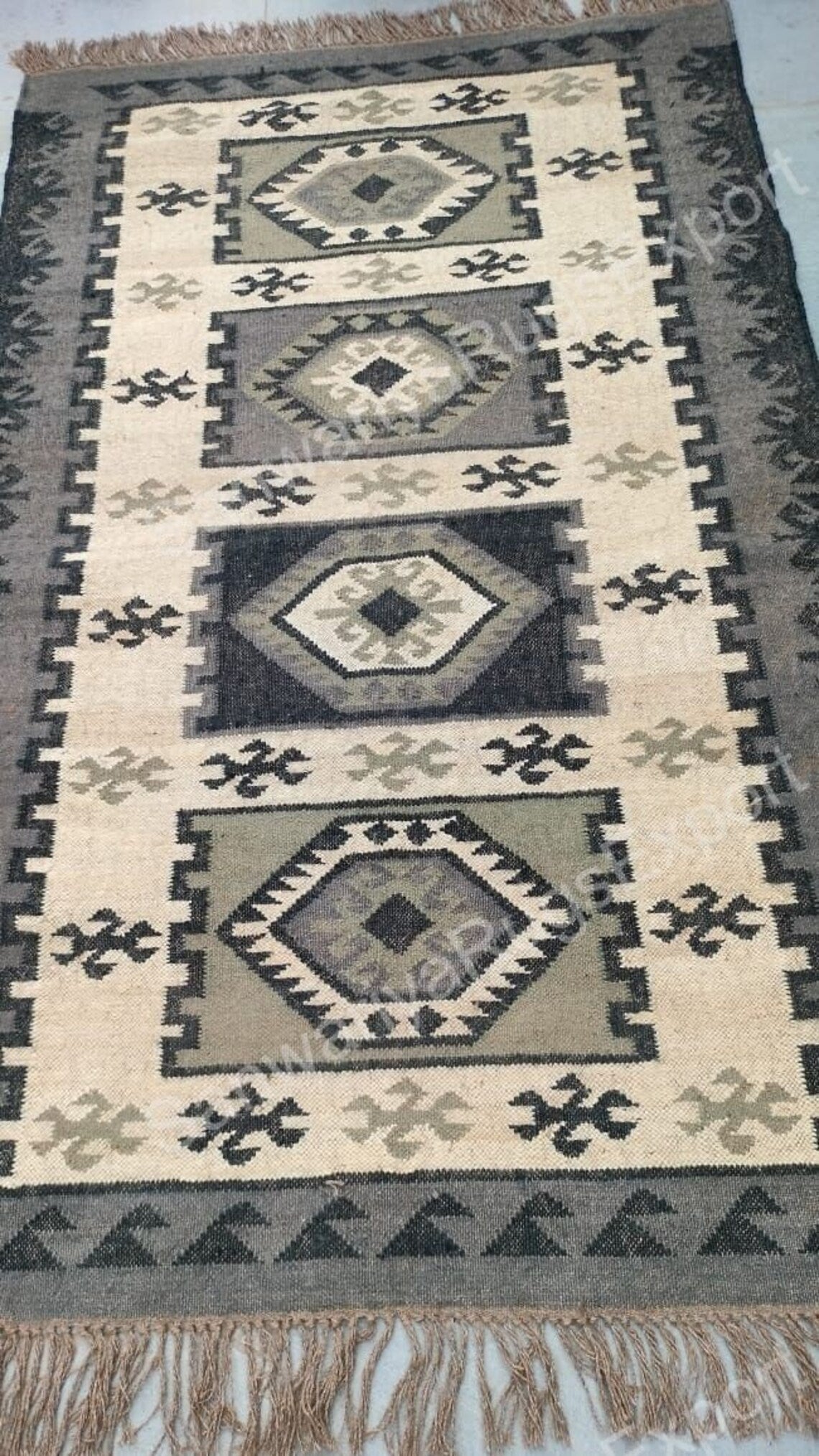 Handwoven Wool Jute Kilim Rug | Geometric Flatweave Carpet | Boho Wool Area Rug