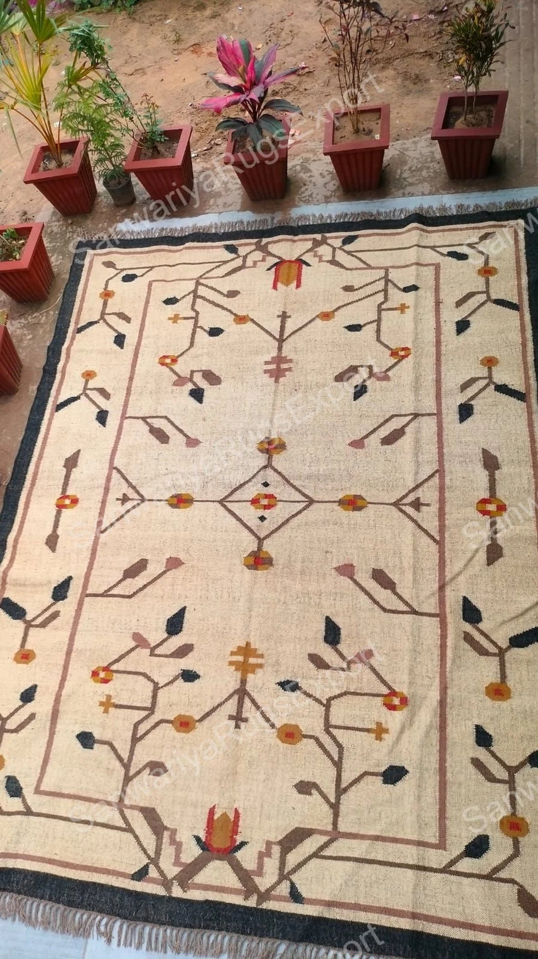 Large Handwoven Wool and Jute Kilim Rug – Traditional Geometric Flatweave Dhurrie